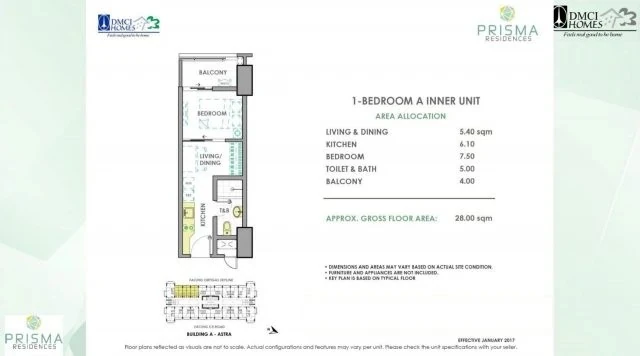 Prisma Residences 1-Bedroom A Inner Unit floor plan — 28 sqm, Building A Astra