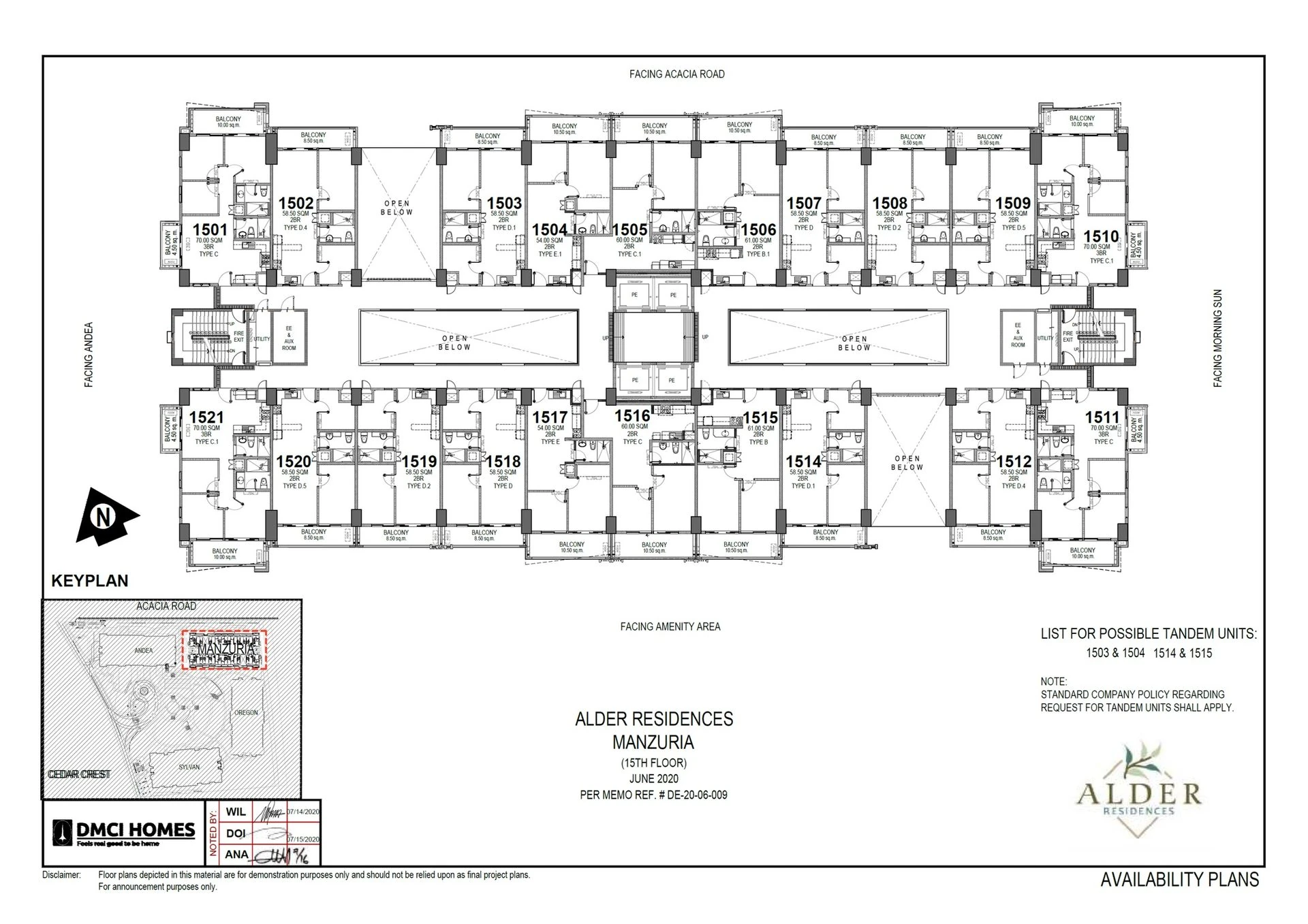 Alder Residences Manzuria 15th Floor Plan — Units 1514 and 1515 highlighted as possible tandem units