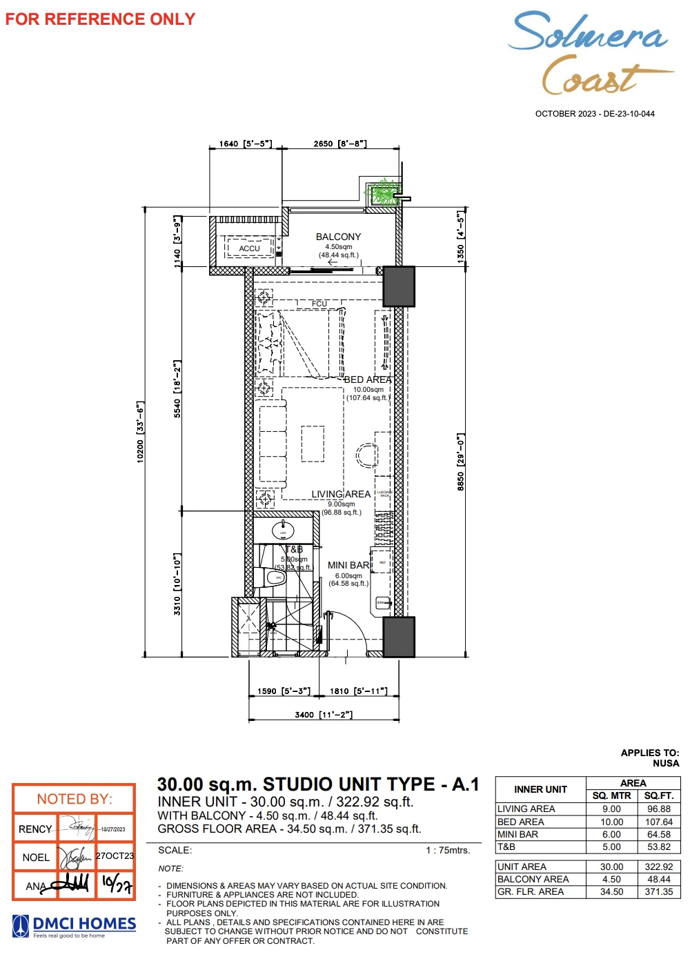 Solmera Coast Kartika Unit Type A.1 studio layout — 34.5 SQM